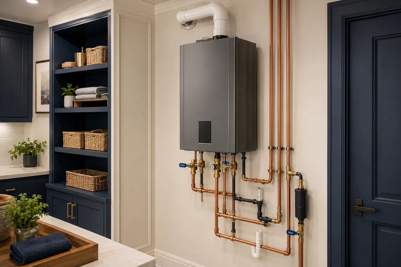 Clean tankless water heater installation with organized copper piping