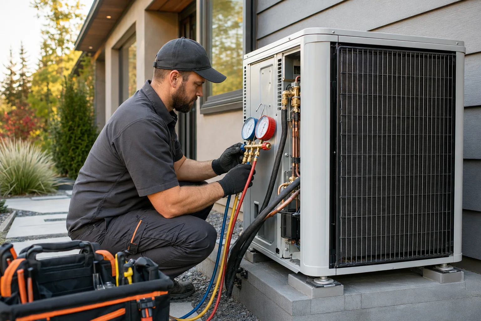 Technician servicing a clean residential heat pump installation