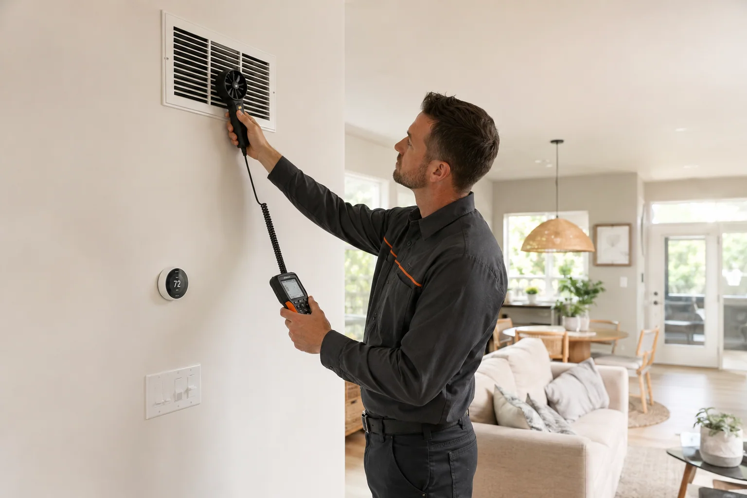 Technician carefully checking a home's heating and cooling controls