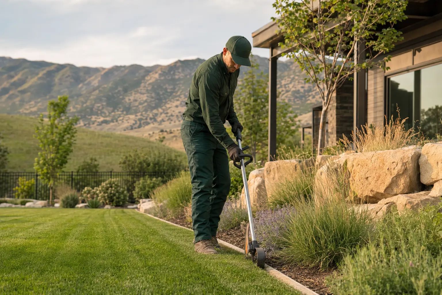 Lawn-care professional edging a residential lawn beside mountain-adapted planting