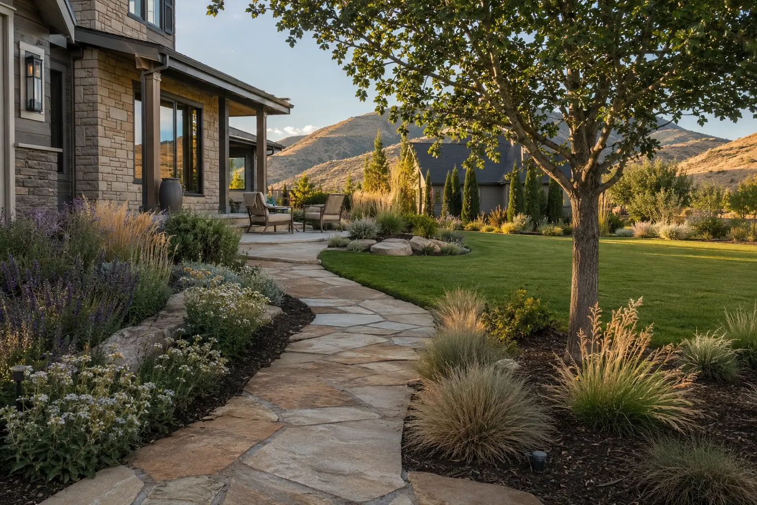 Completed residential landscape with stone walk, healthy lawn, and layered water-conscious planting